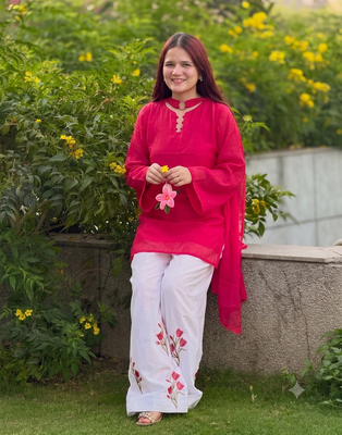 Women red a-line tunic kurta with floral embroidered farshi salwar suit set 2