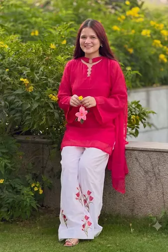 Women red a-line tunic kurta with floral embroidered farshi salwar suit set
