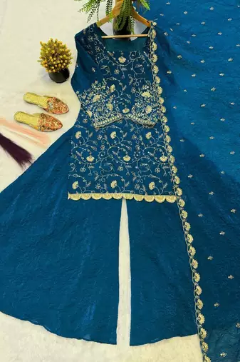 Teal blue georgette sharara suit set with zari & sequin embroidery work, short kurti & dupatta for women