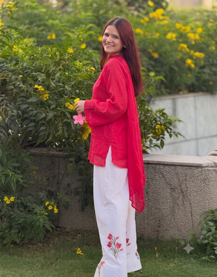 Women red a-line tunic kurta with floral embroidered farshi salwar suit set 3