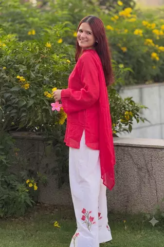 Women red a-line tunic kurta with floral embroidered farshi salwar suit set