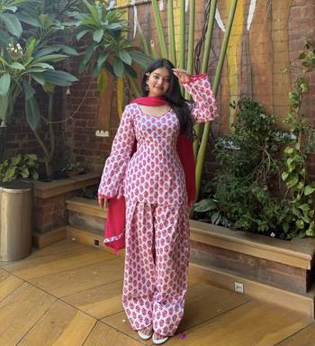 Women's Beautiful Printed Work Cameric Cotton Fabric Straight Kurta Farshi Shalwar and Dupatta Set 1
