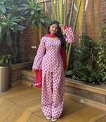 Women's Beautiful Printed Work Cameric Cotton Fabric Straight Kurta Farshi Shalwar and Dupatta Set