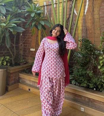 Women's Beautiful Printed Work Cameric Cotton Fabric Straight Kurta Farshi Shalwar and Dupatta Set 5