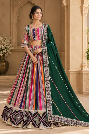 Multicolour Mirror Navratri Lehnega Choli With Dupatta