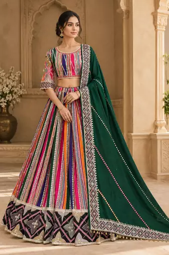 Multicolour Mirror Navratri Lehnega Choli With Dupatta