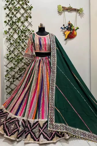 Multicolour Mirror Navratri Lehnega Choli With Dupatta