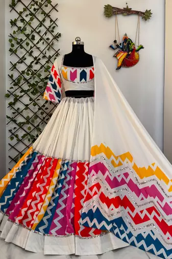 White Multicolour Navratri Lehenga Choli With Dupatta
