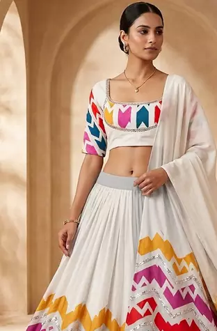 White Multicolour Navratri Lehenga Choli With Dupatta