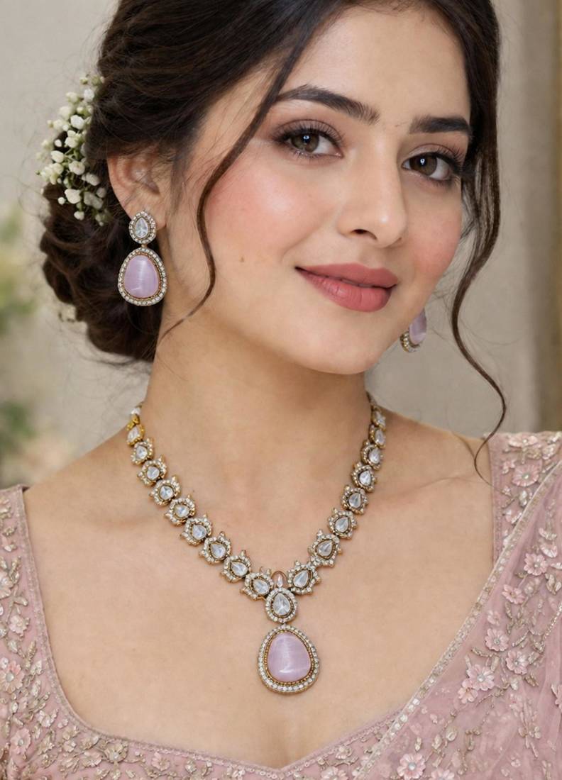 Baby pink mehandi-plated agate stone necklace set with earrings