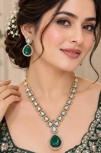 Green pink mehandi-plated agate stone necklace set with earrings