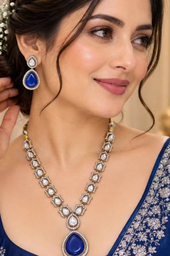 Blue pink mehandi-plated agate stone necklace set with earrings
