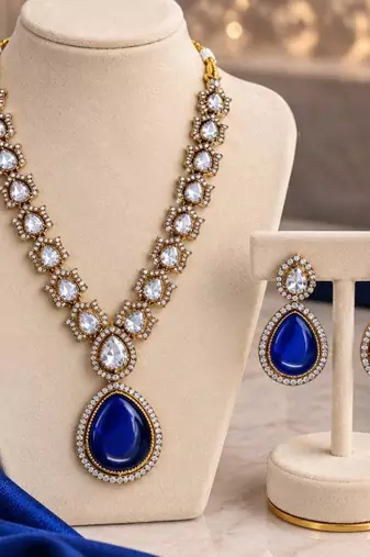 Blue pink mehandi-plated agate stone necklace set with earrings