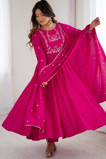 Women's Beautiful Embroidery Work Roman Chanderi Silk Fabric Flared Anarkali Pant and Dupatta Set