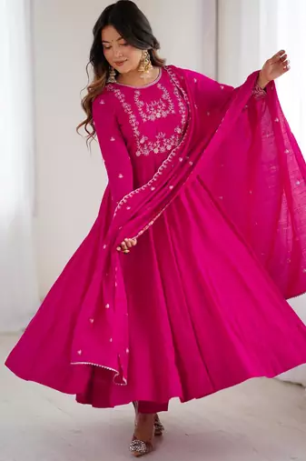 Women's Beautiful Embroidery Work Roman Chanderi Silk Fabric Flared Anarkali Pant and Dupatta Set