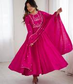 Women's Beautiful Embroidery Work Roman Chanderi Silk Fabric Flared Anarkali Pant and Dupatta Set