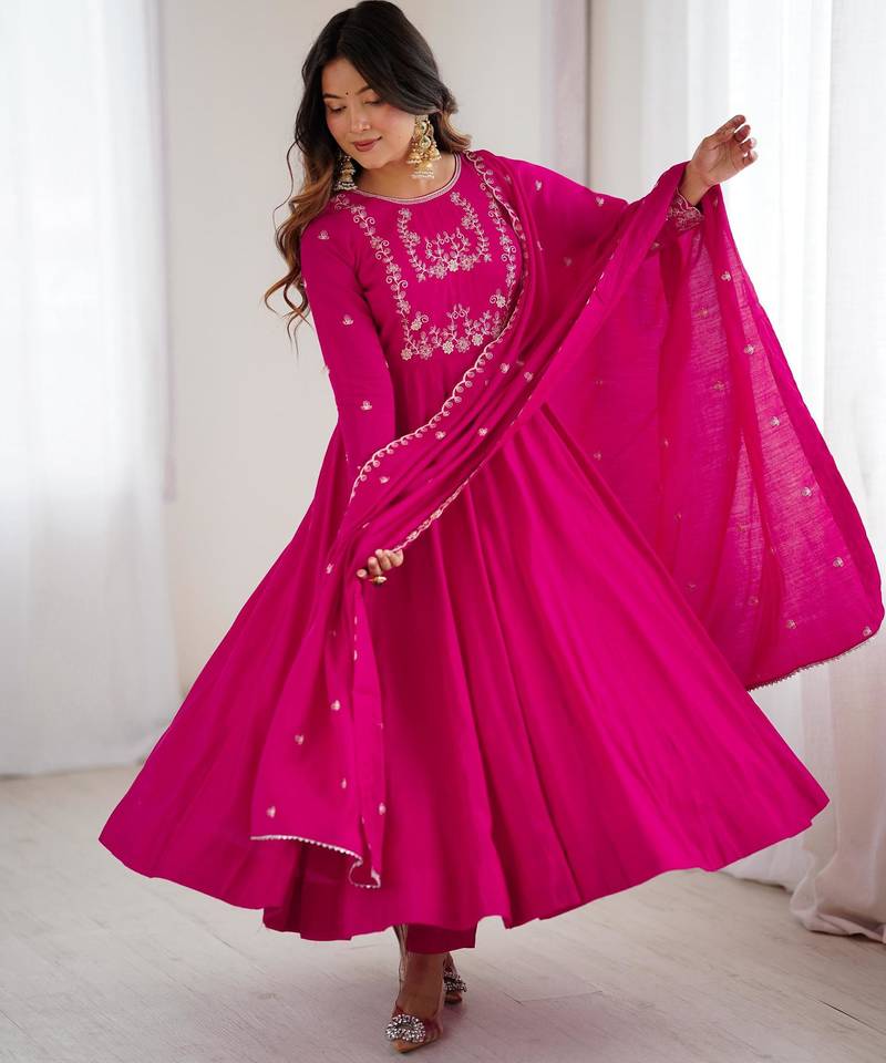 Women's Beautiful Embroidery Work Roman Chanderi Silk Fabric Flared Anarkali Pant and Dupatta Set