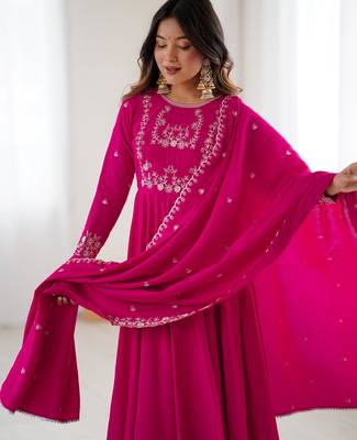 Women's Beautiful Embroidery Work Roman Chanderi Silk Fabric Flared Anarkali Pant and Dupatta Set 2