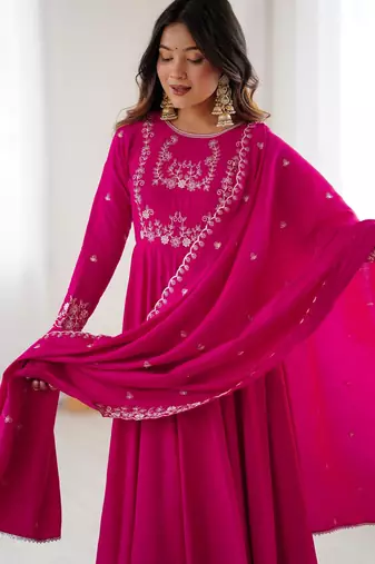 Women's Beautiful Embroidery Work Roman Chanderi Silk Fabric Flared Anarkali Pant and Dupatta Set