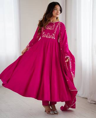 Women's Beautiful Embroidery Work Roman Chanderi Silk Fabric Flared Anarkali Pant and Dupatta Set 3