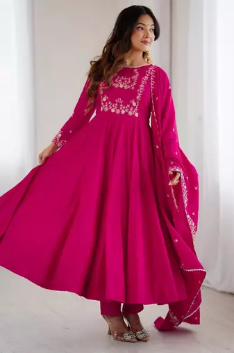 Women's Beautiful Embroidery Work Roman Chanderi Silk Fabric Flared Anarkali Pant and Dupatta Set