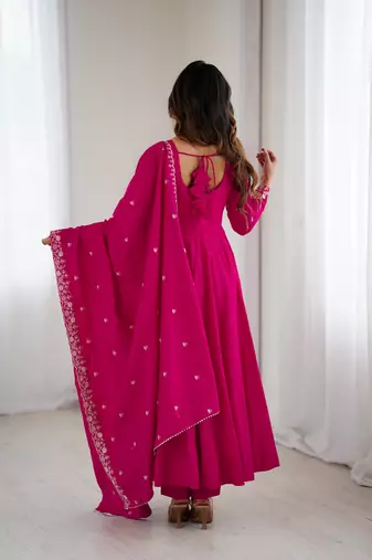Women's Beautiful Embroidery Work Roman Chanderi Silk Fabric Flared Anarkali Pant and Dupatta Set
