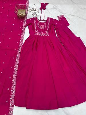 Women's Beautiful Embroidery Work Roman Chanderi Silk Fabric Flared Anarkali Pant and Dupatta Set 5