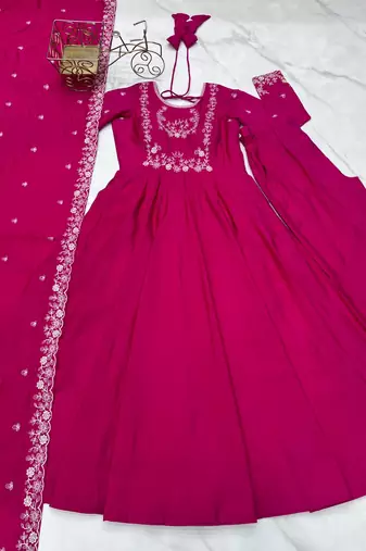 Women's Beautiful Embroidery Work Roman Chanderi Silk Fabric Flared Anarkali Pant and Dupatta Set