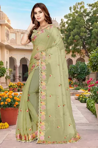 pista color vari silk resham embroidered work sarees