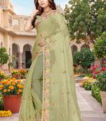 pista color vari silk resham embroidered work sarees