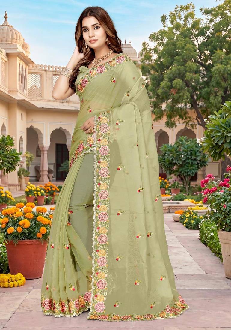 pista color vari silk resham embroidered work sarees