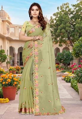 pista color vari silk resham embroidered work sarees 2