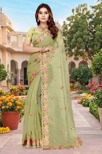 pista color vari silk resham embroidered work sarees
