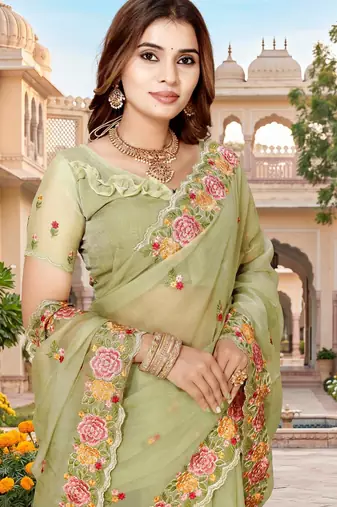 pista color vari silk resham embroidered work sarees