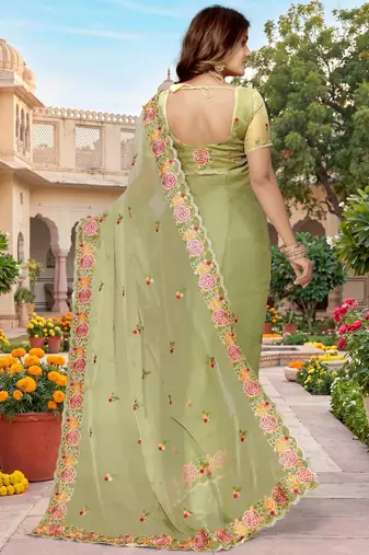 pista color vari silk resham embroidered work sarees