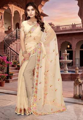 chiku color vari silk resham embroidered work sarees 1