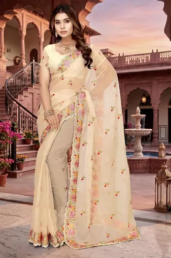 chiku color vari silk resham embroidered work sarees