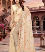 chiku color vari silk resham embroidered work sarees
