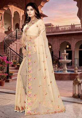 chiku color vari silk resham embroidered work sarees 2