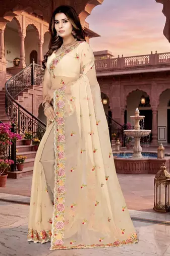 chiku color vari silk resham embroidered work sarees