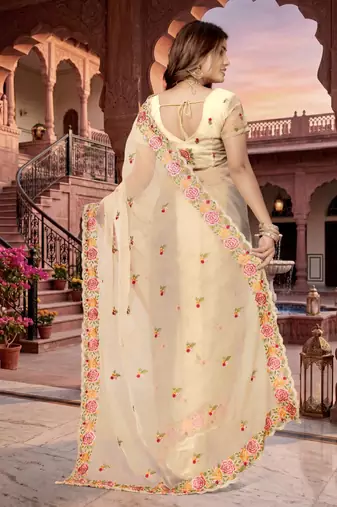 chiku color vari silk resham embroidered work sarees