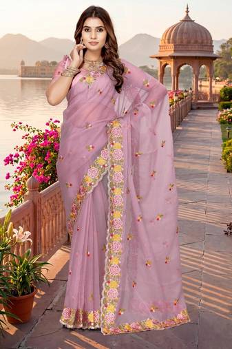 pink color vari silk resham embroidered work sarees