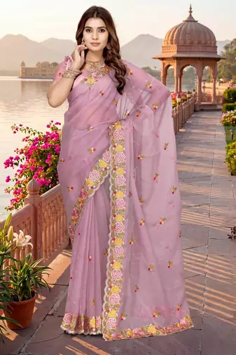 pink color vari silk resham embroidered work sarees