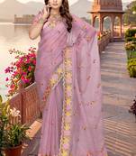 pink color vari silk resham embroidered work sarees