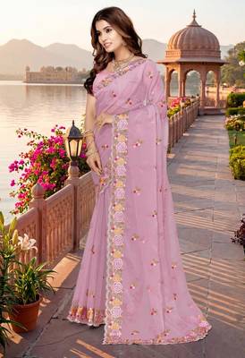 pink color vari silk resham embroidered work sarees 3