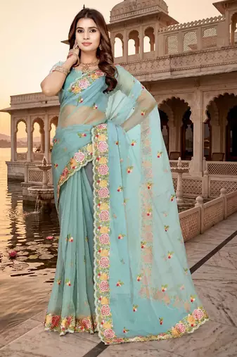 sea green color vari silk resham embroidered work sarees