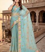 sea green color vari silk resham embroidered work sarees