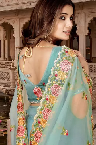 sea green color vari silk resham embroidered work sarees