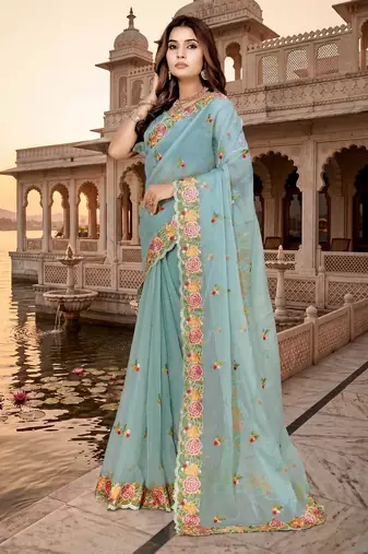 sea green color vari silk resham embroidered work sarees