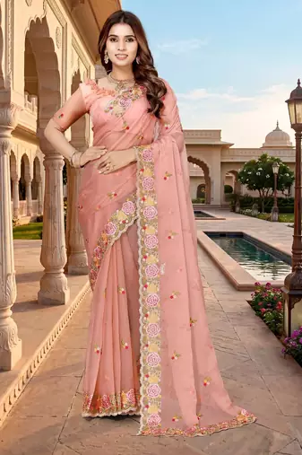 peach color vari silk resham embroidered work sarees